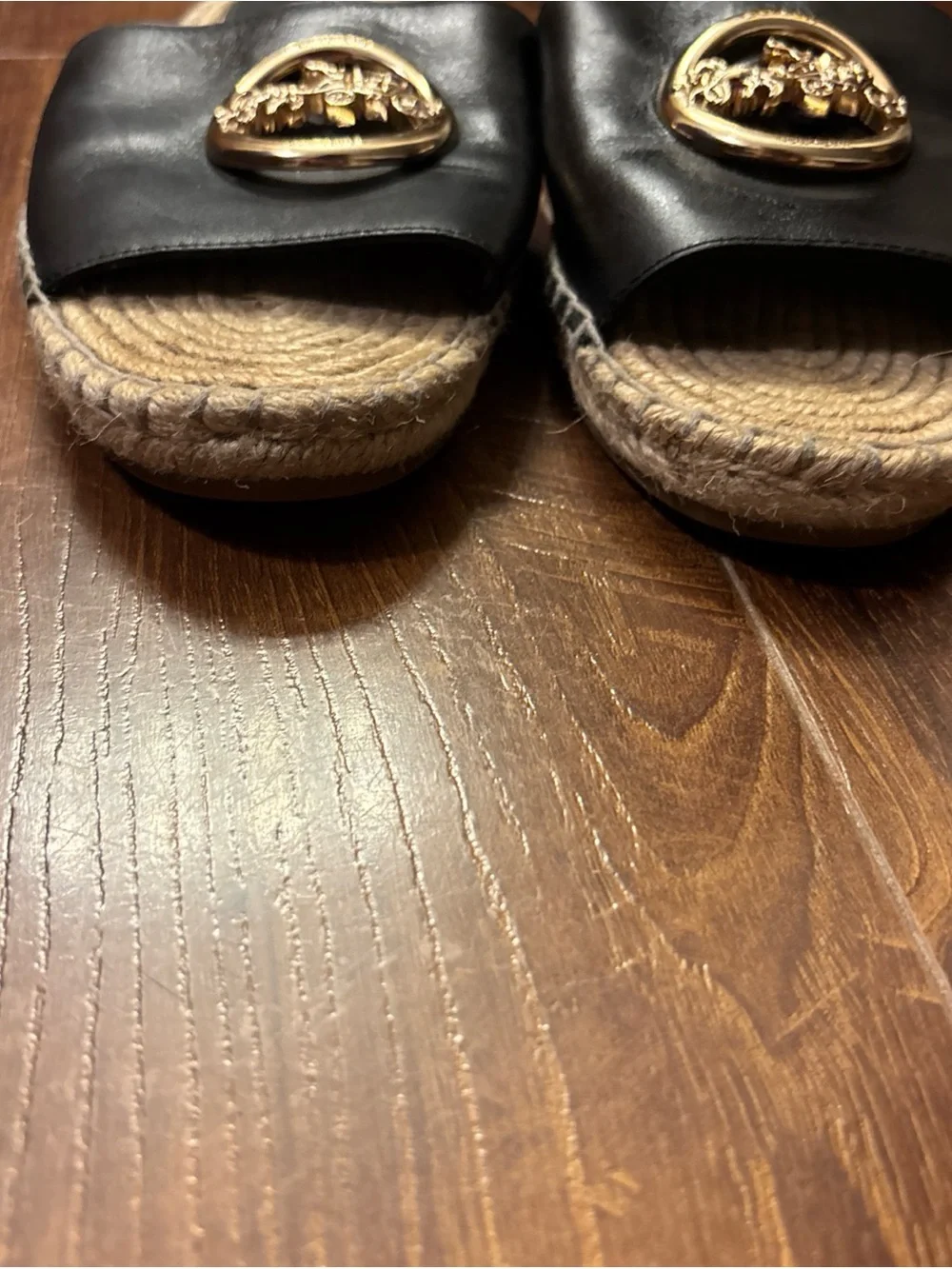 Coach Shoes Coach Camille Espadrille Jute Footbead Black Leather Gold Size 7